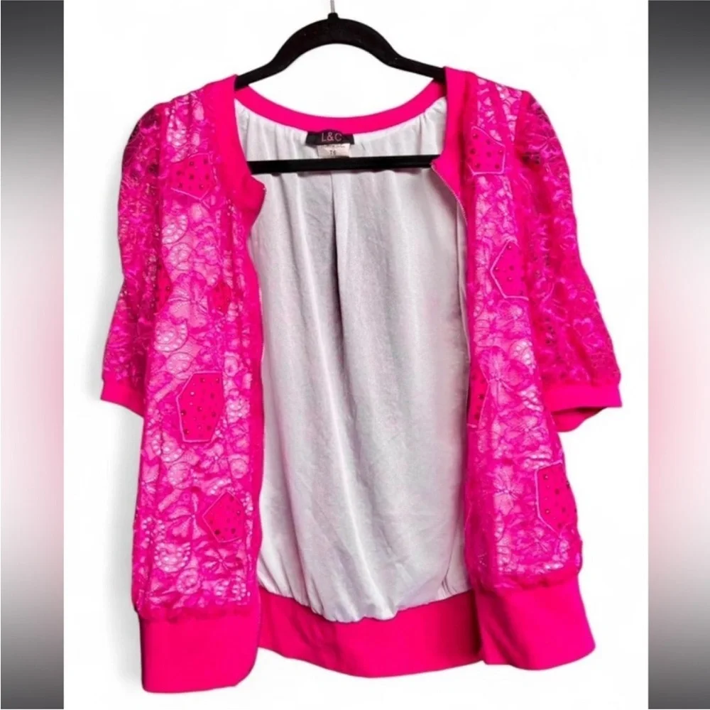Hot Pink Y2K McBling Japanese Lace Zip-Front T-Shirt Cardigan - Picture 8 of 10